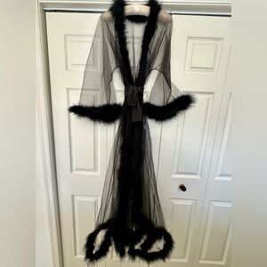 Rosamosario Marabou and Tulle Luxury Long Black Robe with 100% Silk Tie Sash